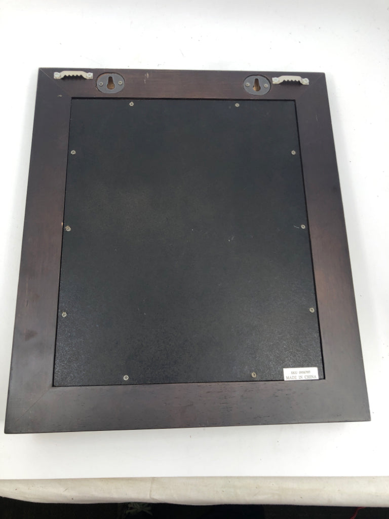 SMALL ESPRESSO WOOD MIRROR W 3 HOOKS.