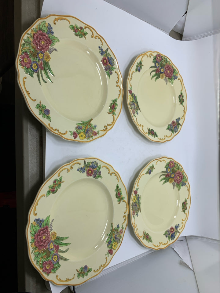 VTG 4 YELLOW W/ EMBOSSED FLOWERS LUNCH PLATES PATTERN FLORETTA.