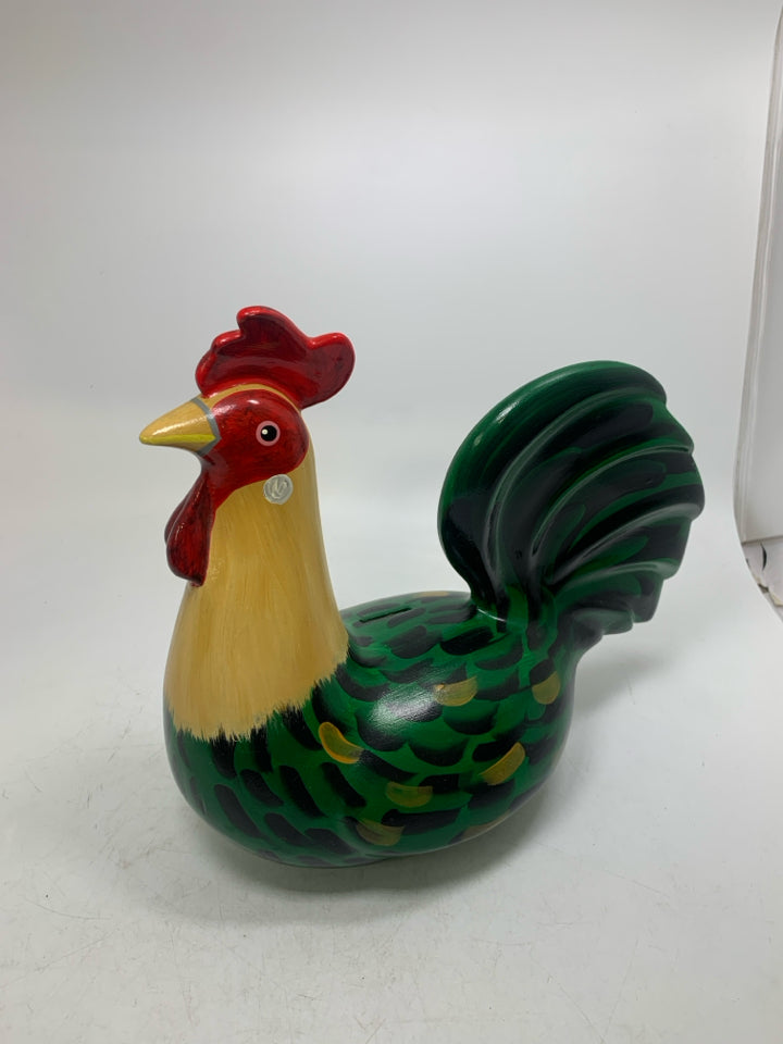 PAINTED SITTING ROOSTER COIN BANK.
