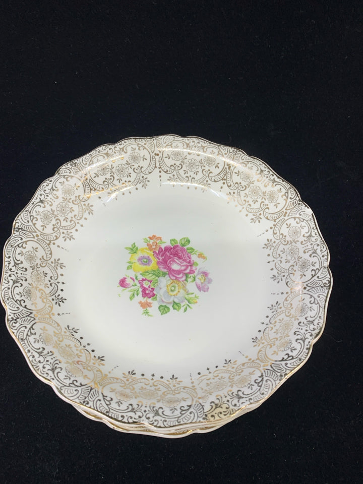 4 VTG SOUP BOWLS IVORY GOLD DESIGN W/ COLORFUL BOUQUET.
