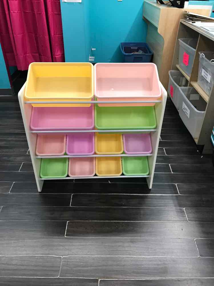 Toy Storage Organizer with 12 Plastic Bins(pastel pink green yellow purple)