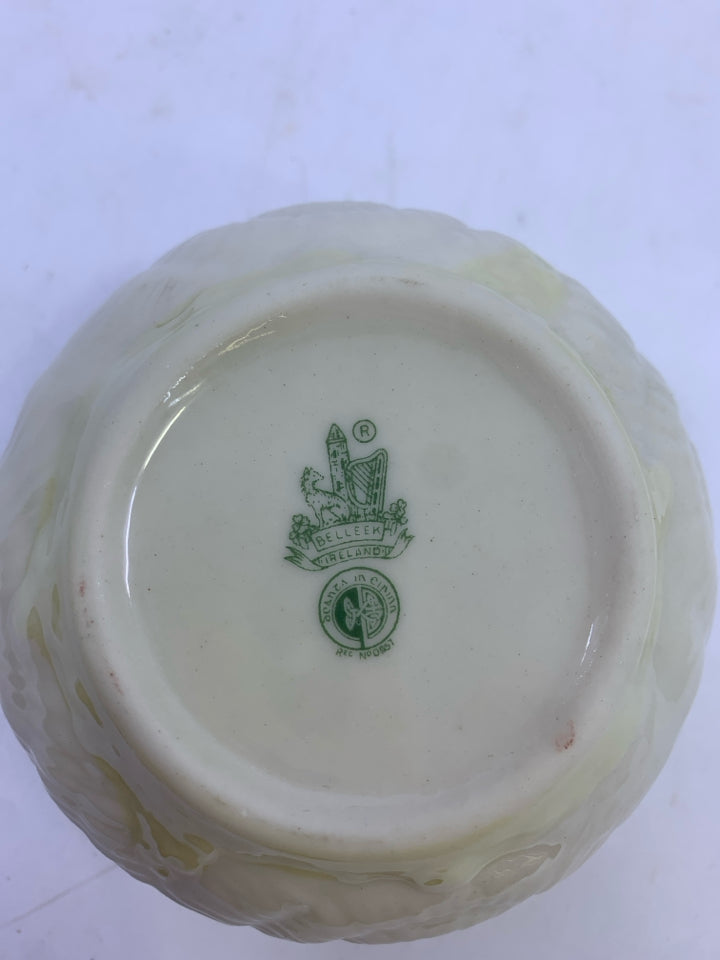 IVORY SHORT BOWL W/ EMBOSSED SWIRL SHELL DESIGN BELLEEK.