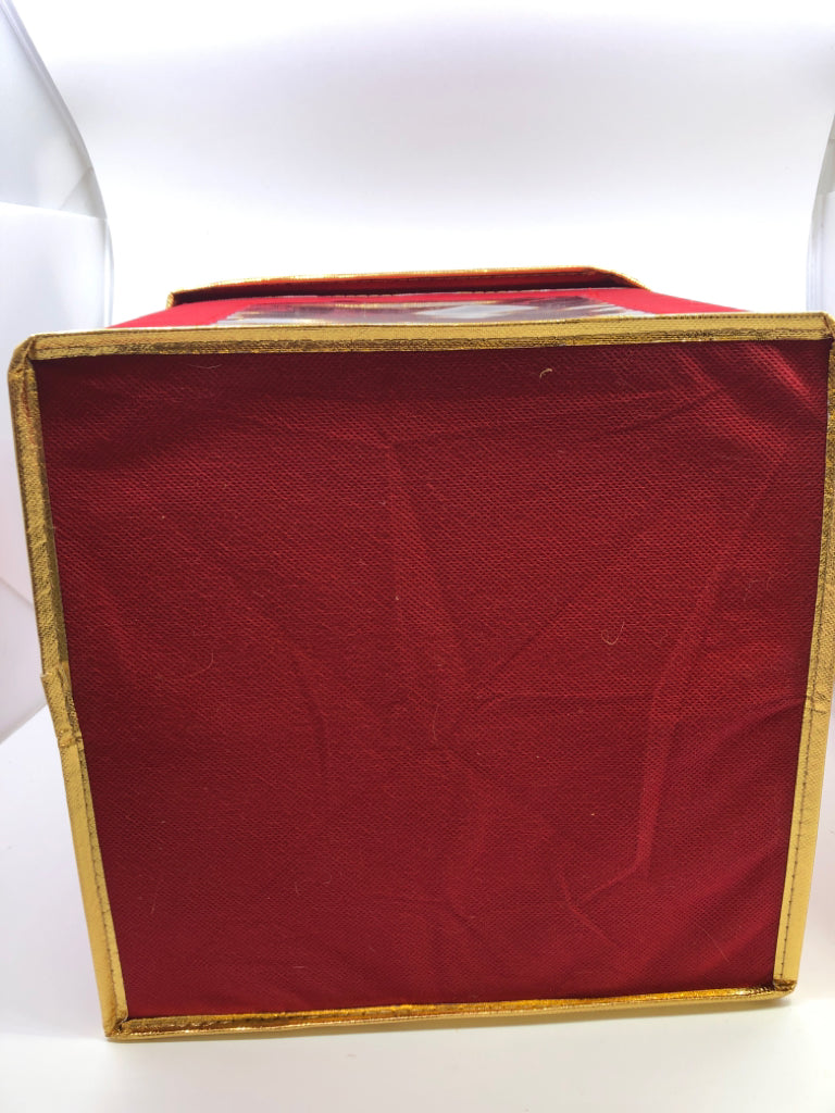 RED STORAGE BOX W GOLD TRIM, LID, AND HANDLES.