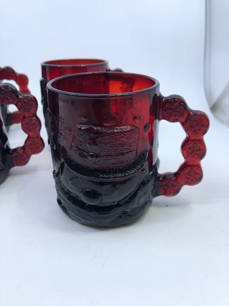 5 CRANBERRY MUGS W/ EMBOSSED SNOWMAN/SNOWFLAKES.