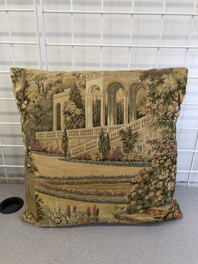 GARDEN EMBROIDERED TAN ACCENT PILLOW.