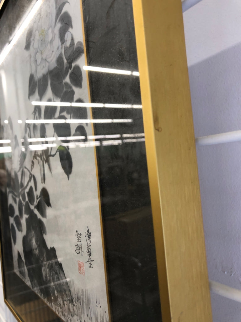 2 BIRDS ON FLOWER BRANCH WATERCOLOR IN GOLD FRAME.