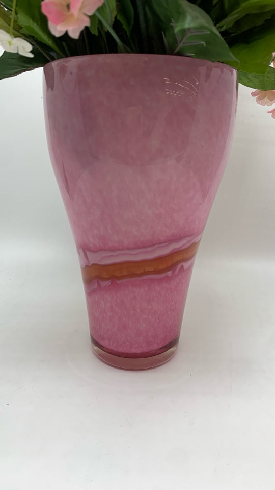 FAUX PINK ROSES IN PINK GLASS VASE.