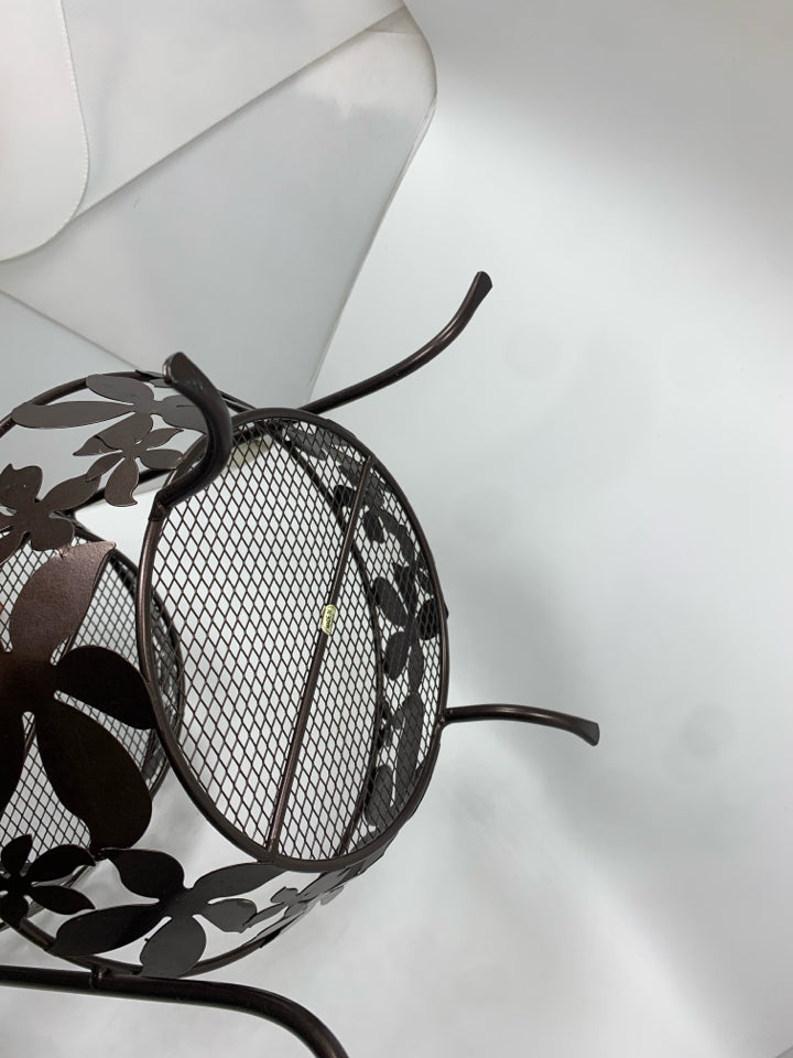 2 TIER BROWN METAL FLORAL FRUIT BASKET.