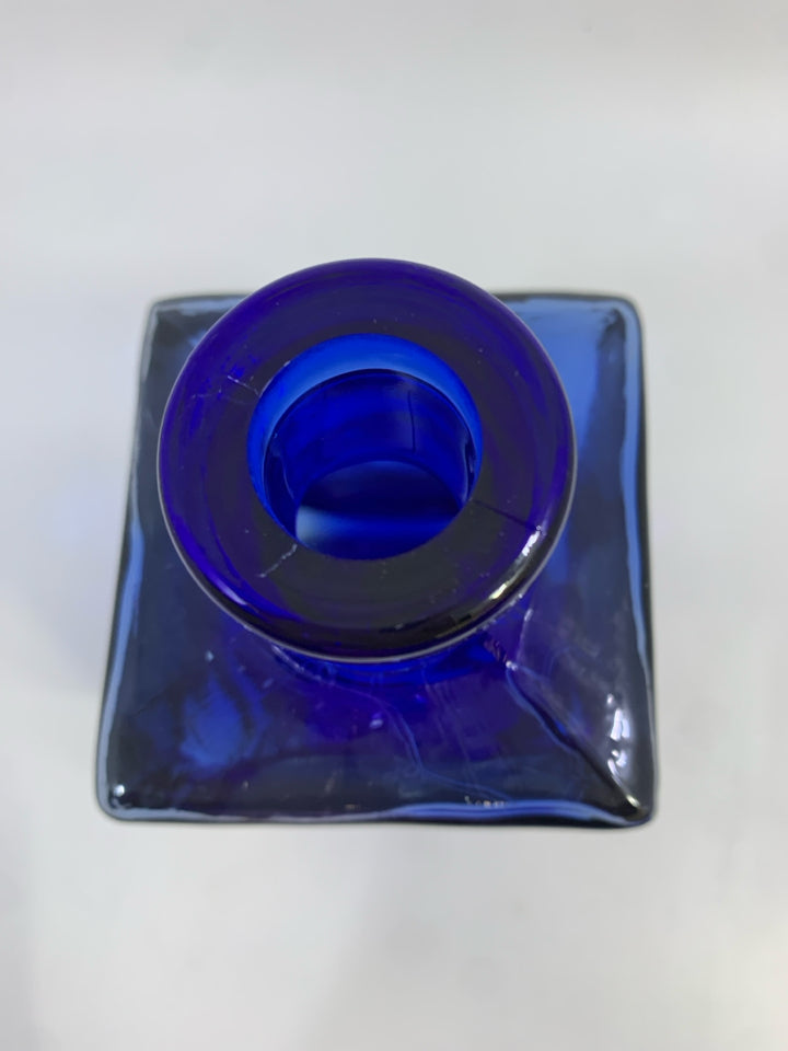 WAVY SQUARE COBALT BLUE GLASS VASE.
