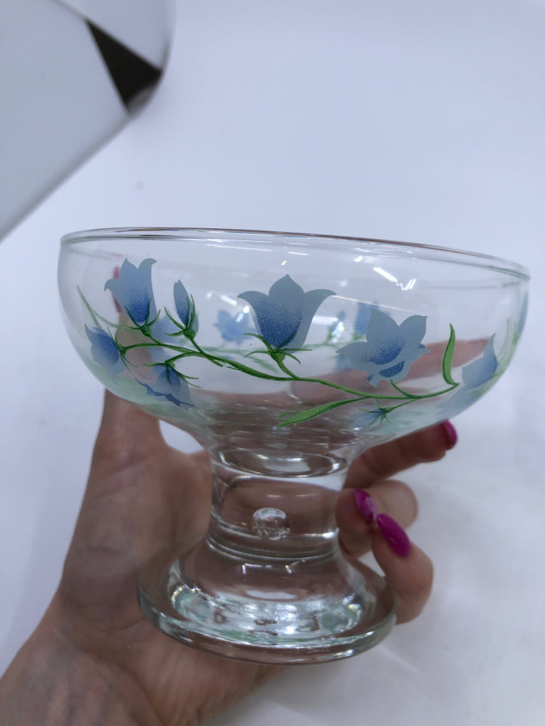 2 CLEAR GLASS BLUE FLORAL DESSERT BOWLS.