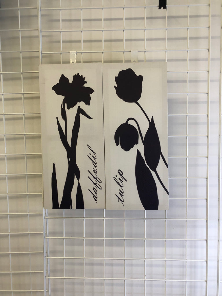 2 PC BLACK AND WHITE DAFFODIL & TULIP SKINNY WALL ART.
