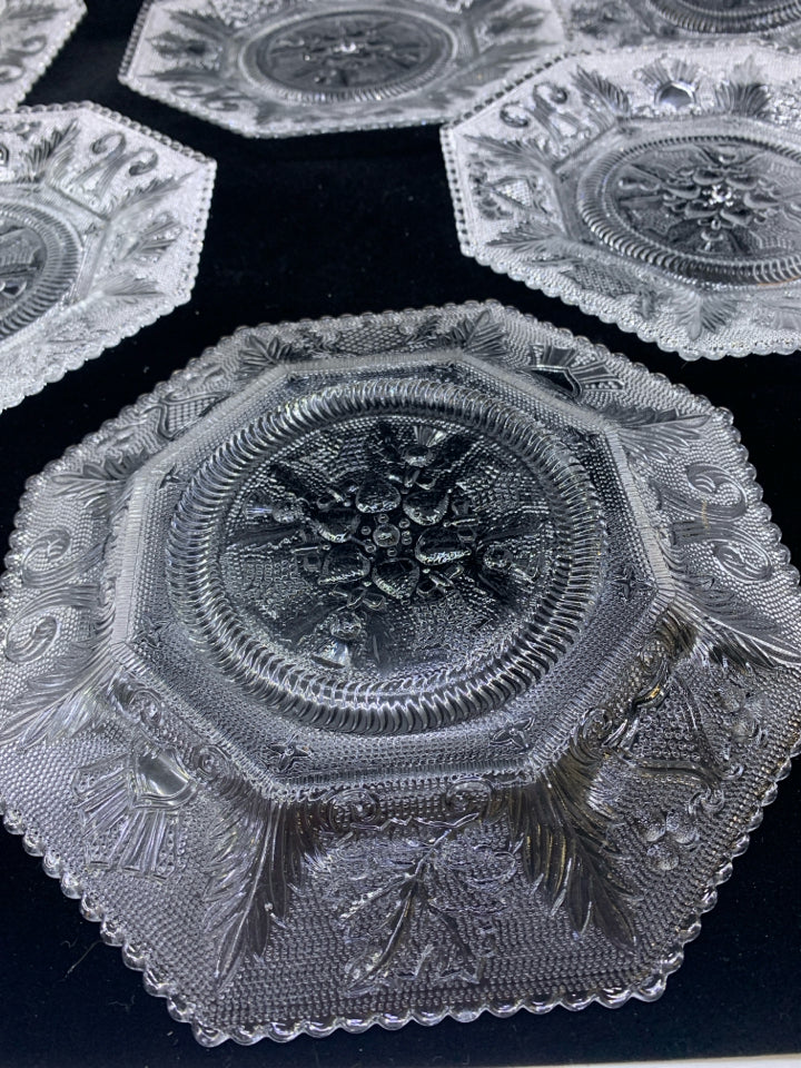 6 VTG PRESSED GLASS HEXAGON SHAPED DESSERT PLATES.