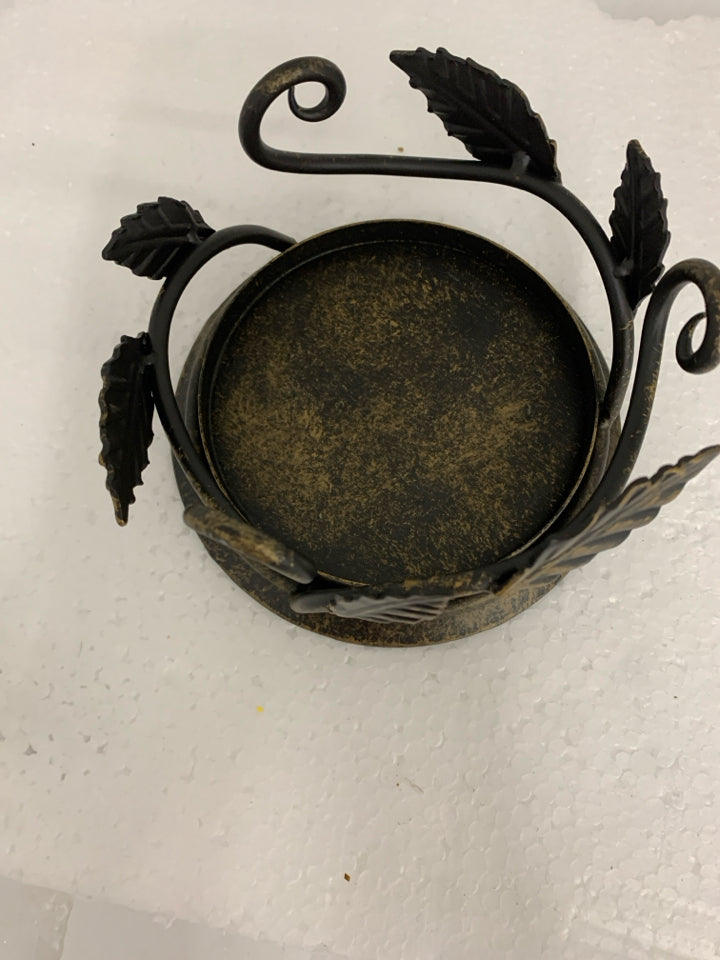 DISTRESSED LEAVES SCROLL METAL PILLAR CANDLE HOLDER.