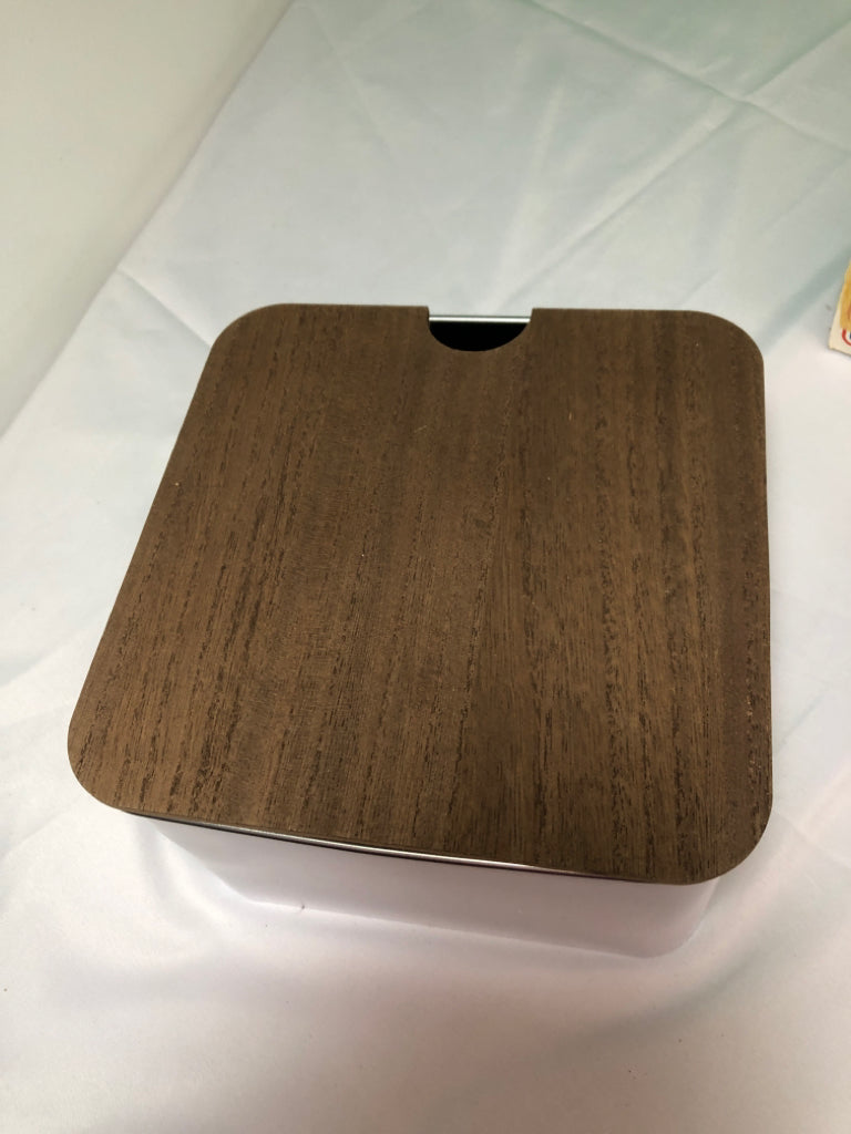 WHITE ENAMEL METAL CANISTER W WOOD LID.