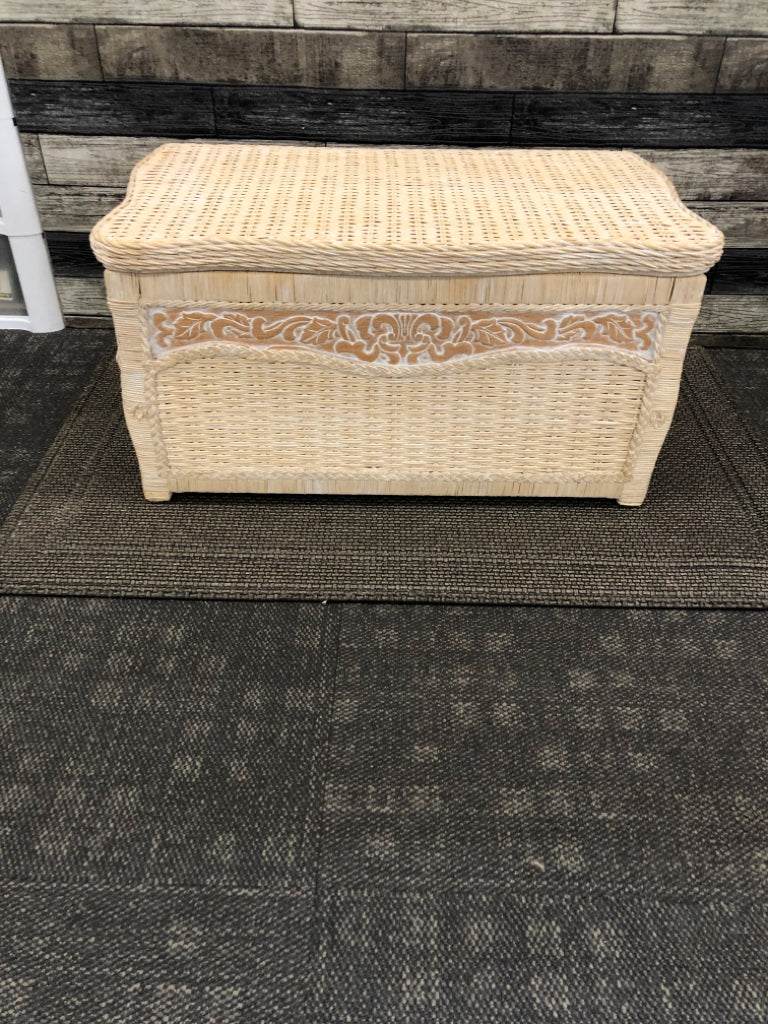 WOOD & CREAM WICKER CHEST.