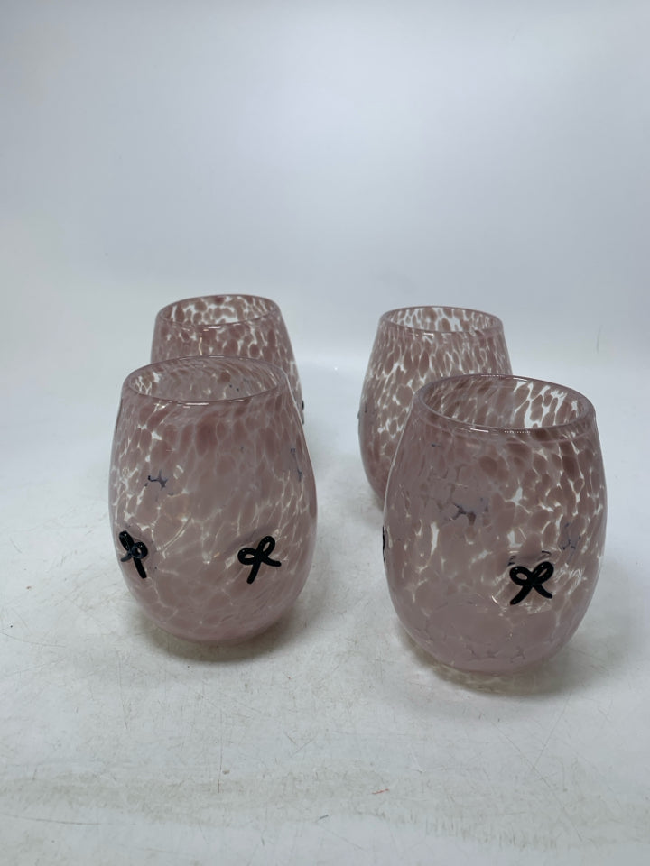 4 STEMLESS PINK SPECKLED W/ FUSED BLACK BOWS WINE GLASSES.