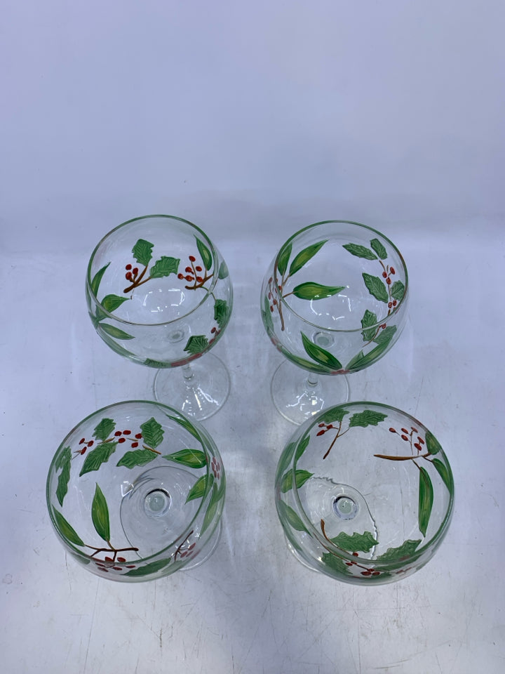 4 HOLLY LEAVES PAINTED WINE GLASSES.
