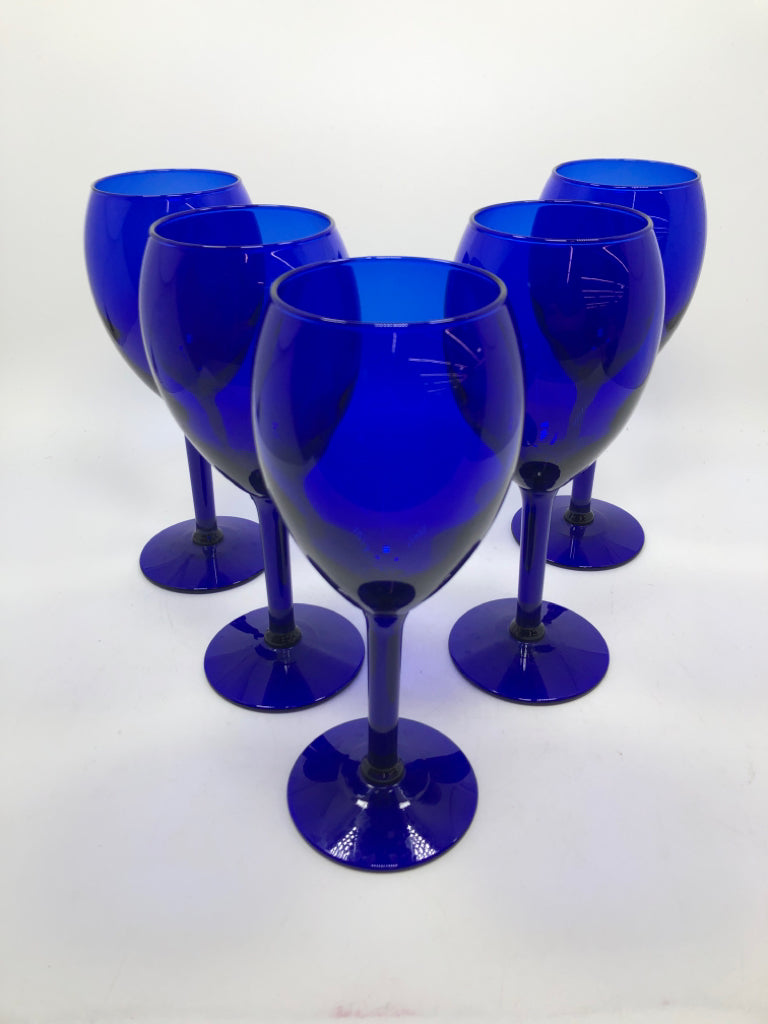 5PC COBALT BLUE WINE GLASSES.