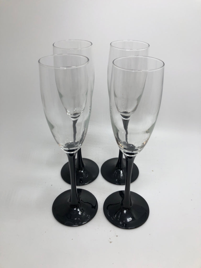 4PC BLACK STEMMED FLUTES MADE IN FRANCE.