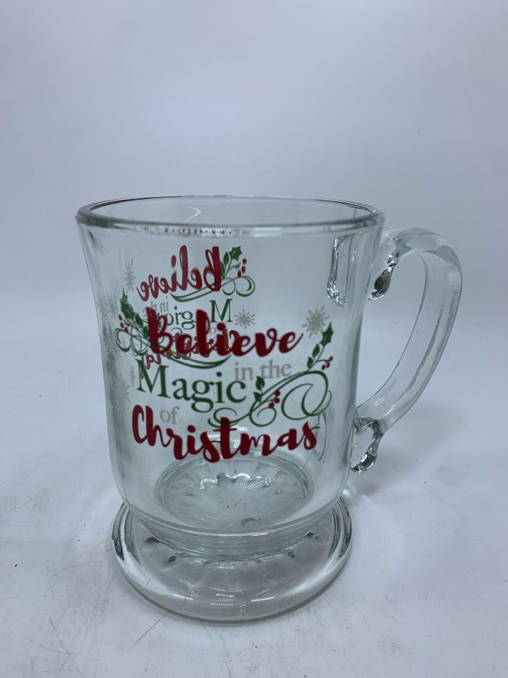 BELIEVE IN MAGIC GLASS CHRISTMAS MUG.