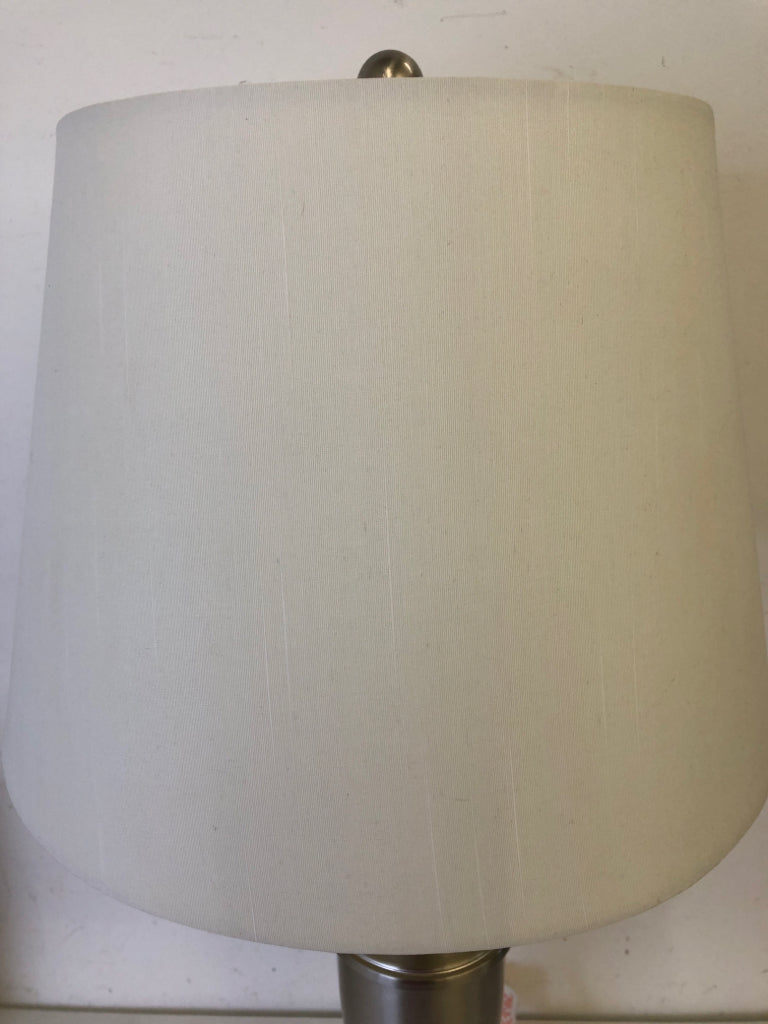 SILVER BASE LAMP W WHITE SHADE.