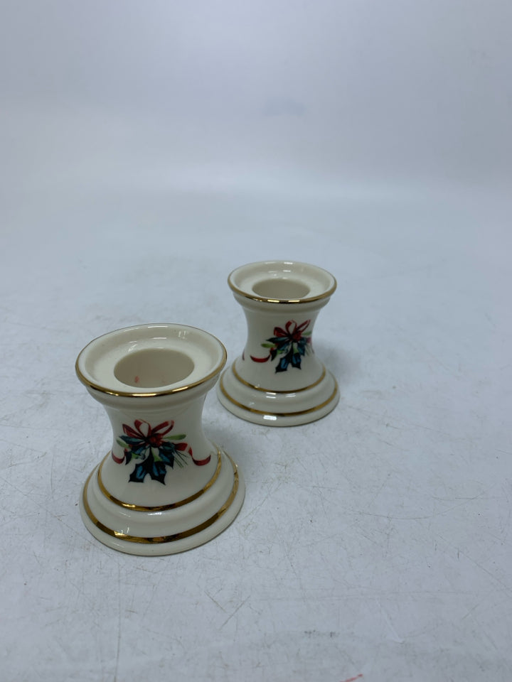 2 LENOX WINTER GREETING SHORT TAPERED CANDLE HOLDERS RED RIBBON.