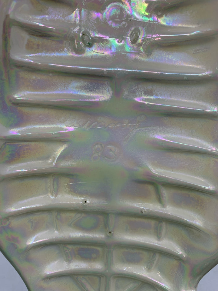 VTG CERAMIC IRIDESCENT CREAM COLORED VICTORIAN BOOT VASE 1983.