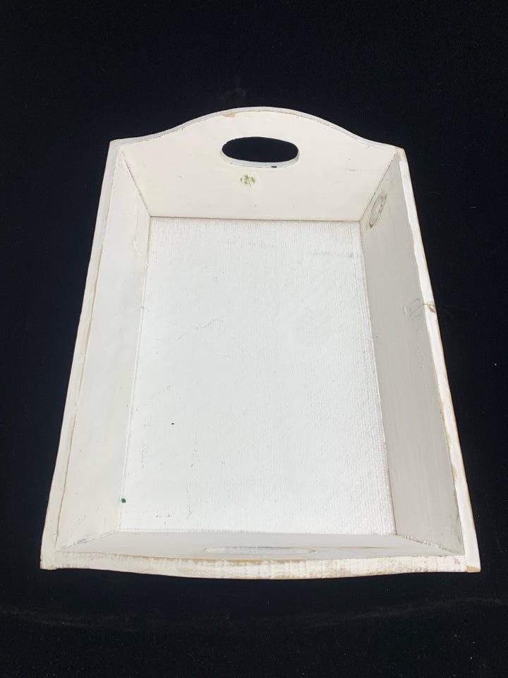 DISTRESSED WHITE WOODEN TRAY W/HANDLES.