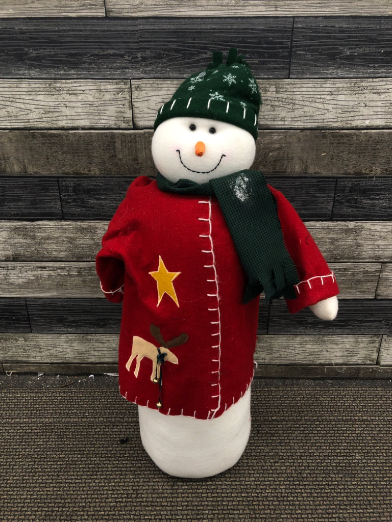 TALL PLUSH SNOWMAN DOOR HOLDER RED COAT GREEN SCARF & HAT.