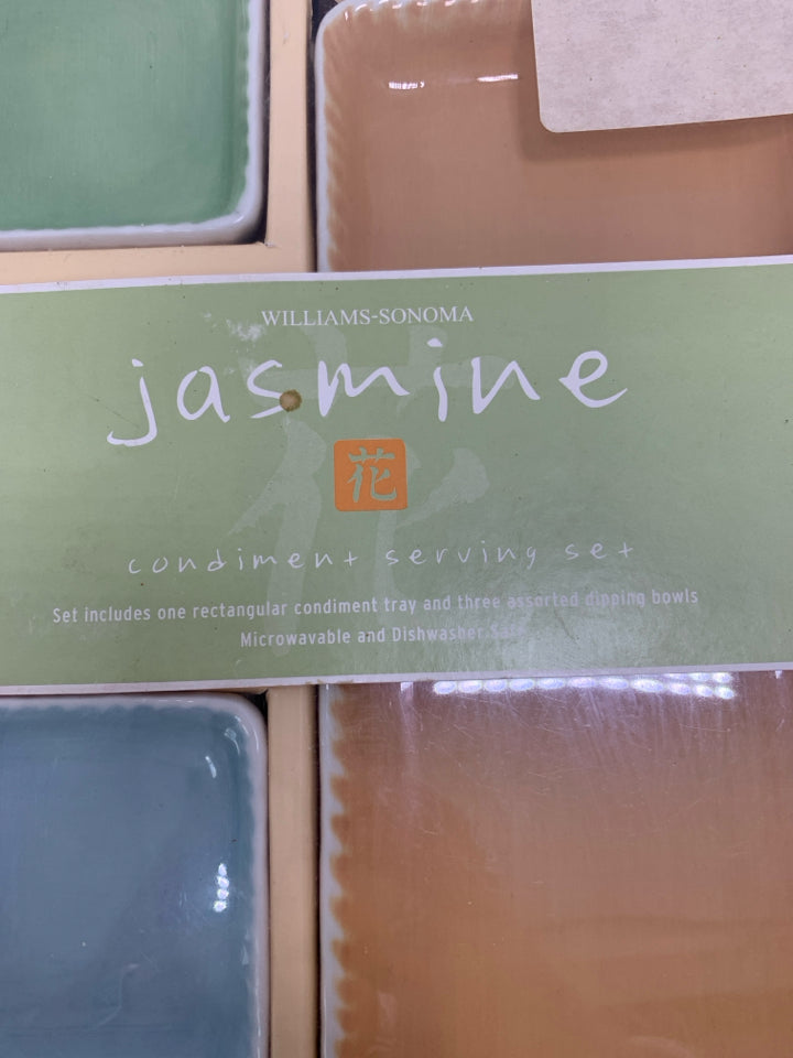 NIB VTG 4 PC PASTEL CONDIMENT SERVING SET.
