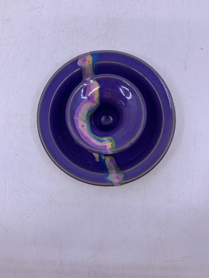 PURPLE POTTERY TAPERED W/ COLORFUL LINE.