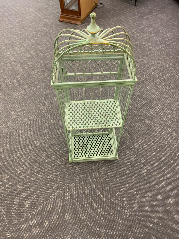 GREEN DISTRESSED 2 TIER METAL W/ DOOR FAUX BIRD CAGE.