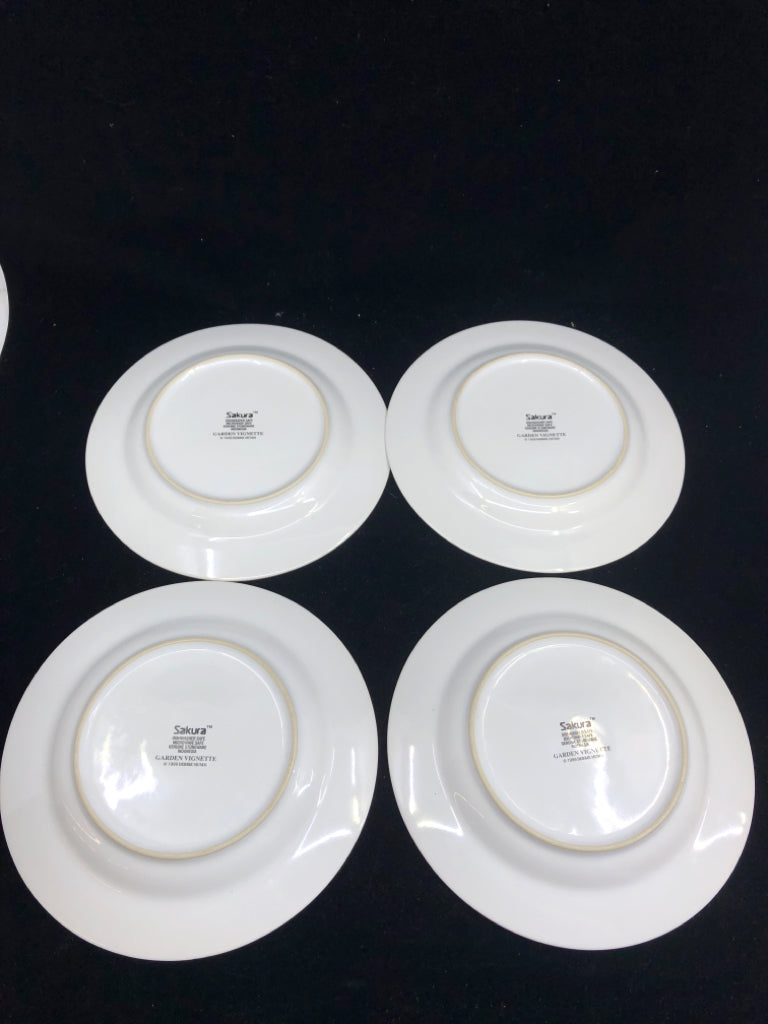 VTG GREEN RIMMED LUNCH PLATES W BIRDHOUSES.