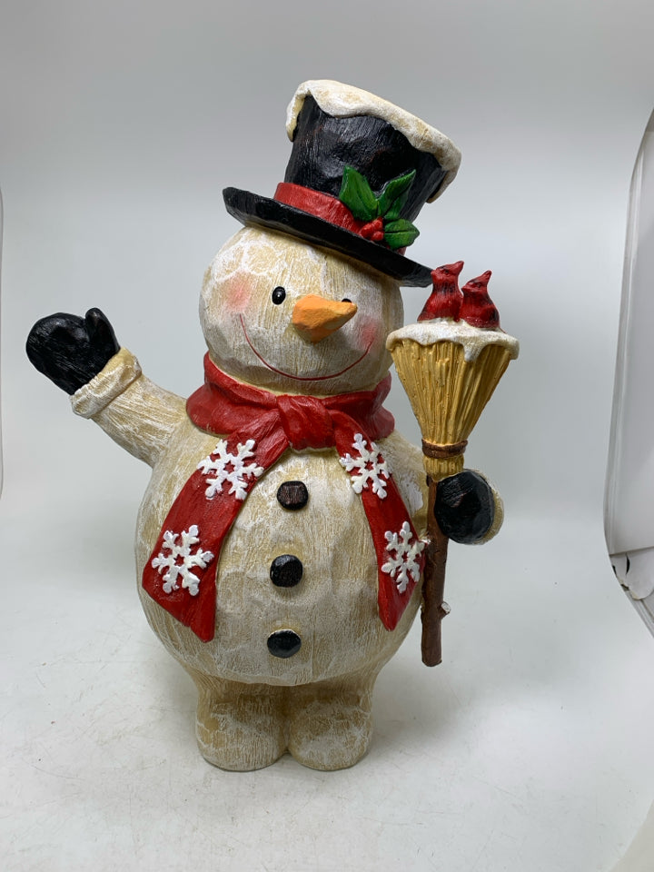 RESIN WAVING DISTRESSED SNOWMAN HOLDING BROOM.
