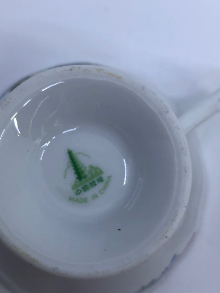 PINK ROSE, GREEN LEAVES TEACUP AND SAUCER.
