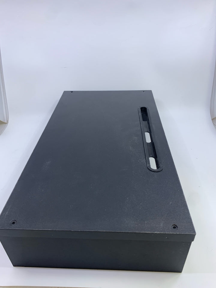 BLACK COMPUTER RISER W/CORD SLOTS.