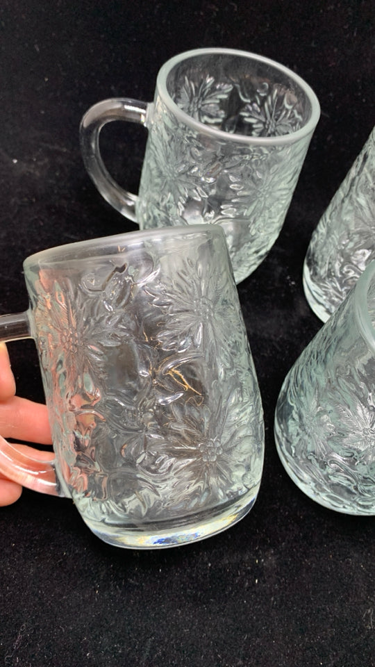 4 FLOWER FANTASIA EMBOSSED CUT GLASS MUGS.