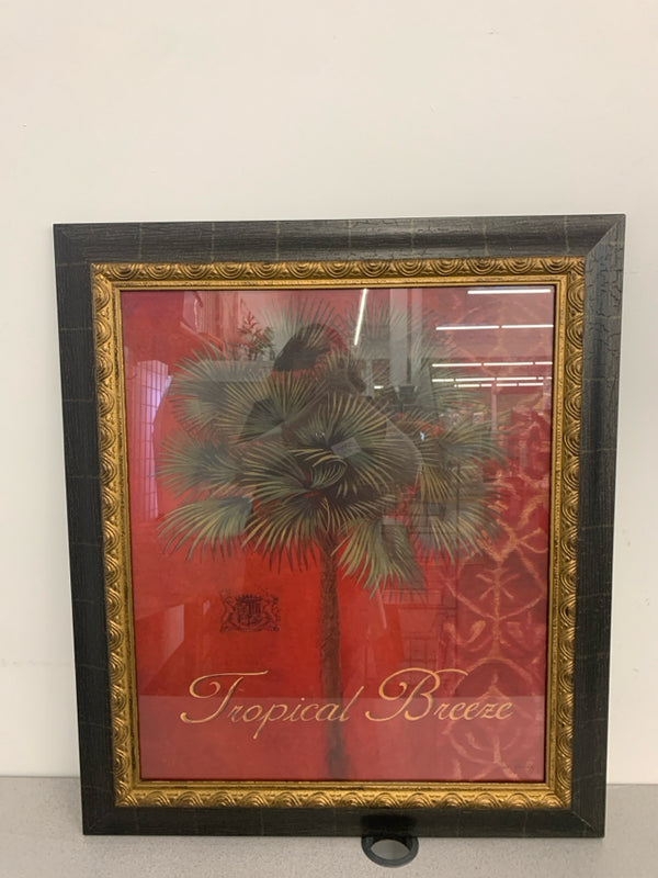 "TROPICAL BREEZE" PALM TREE IN RED BACK GROUND W/ BLACK/GOLD FRAME.