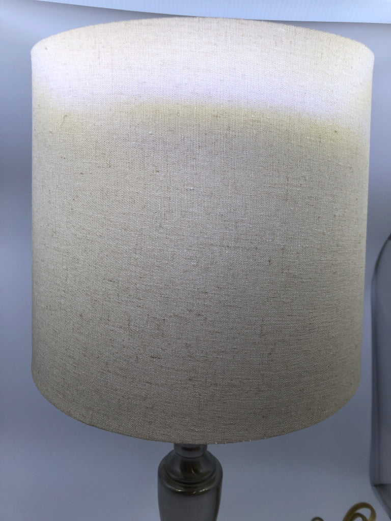 SILVER BASE LAMP W BROWN SHADE.