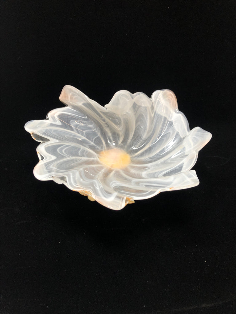 RUFFLED OPALESCENT BOWL W/RESIN ROSE BASE.