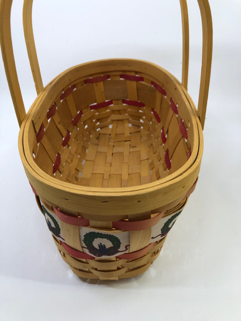 OVAL BLONDE/RED BASKET WITH WREATH DESIGN DOUBLE HANDLE.