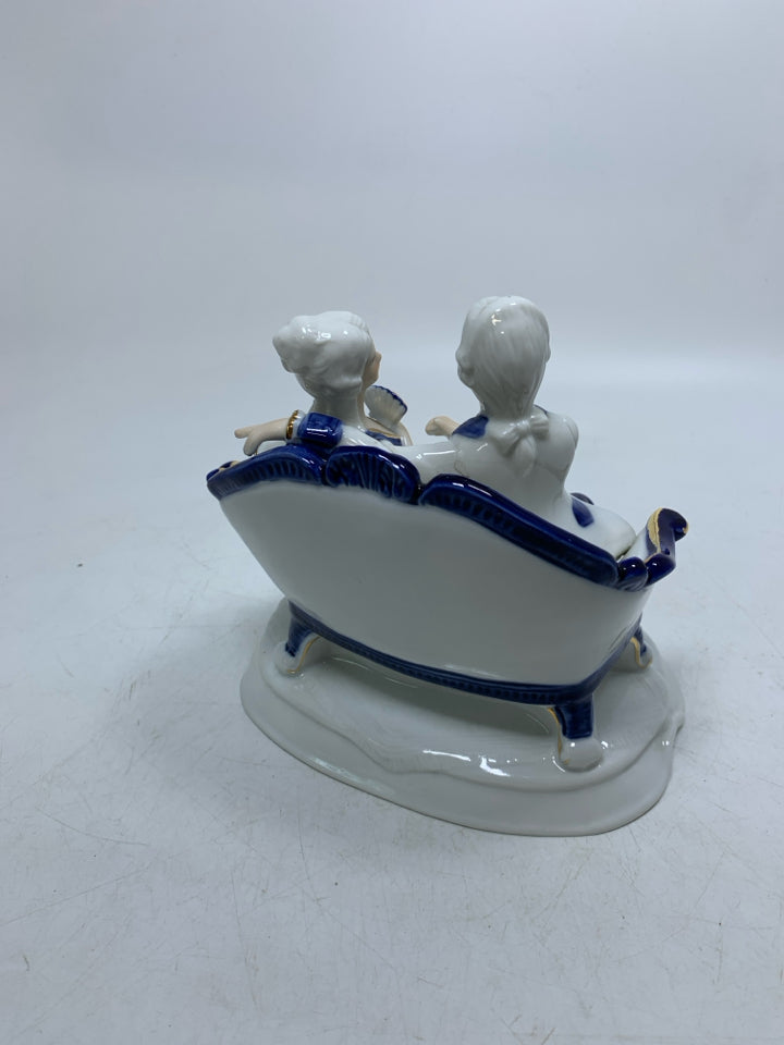 VICTORIAN MAN/WOMAN SITTING ON COACH BLUE/WHITE.