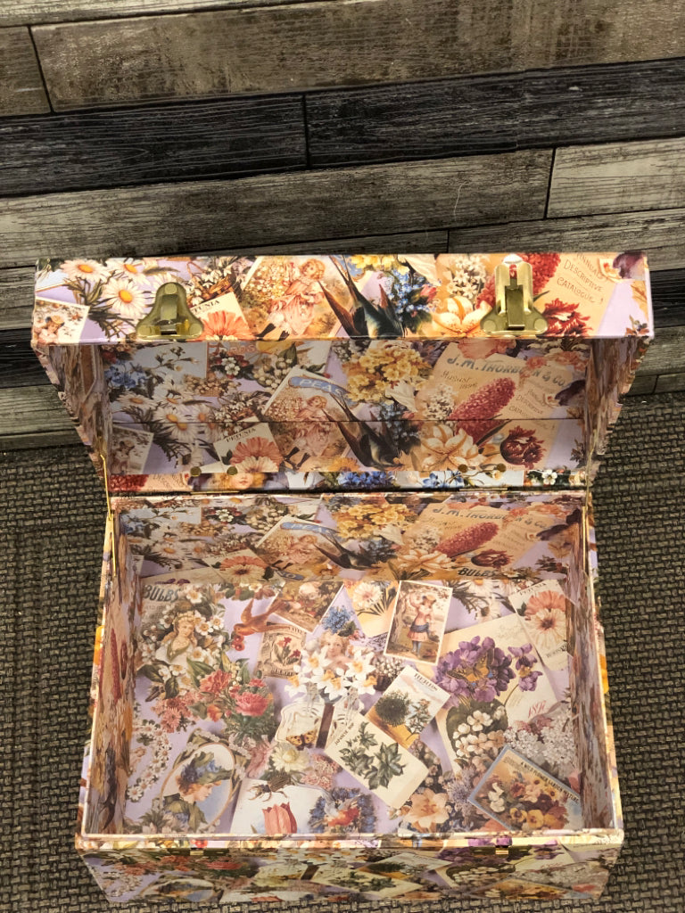 FLORAL CARDBOARD STORAGE BOX W/LOCKING FLIP LID AND HANDLES.