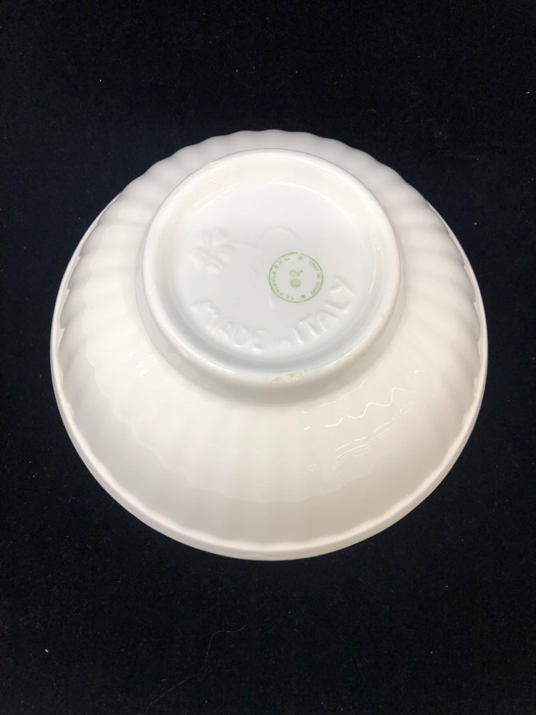 WHITE BOWL W/ BLUE & ORANGE STRIPES.