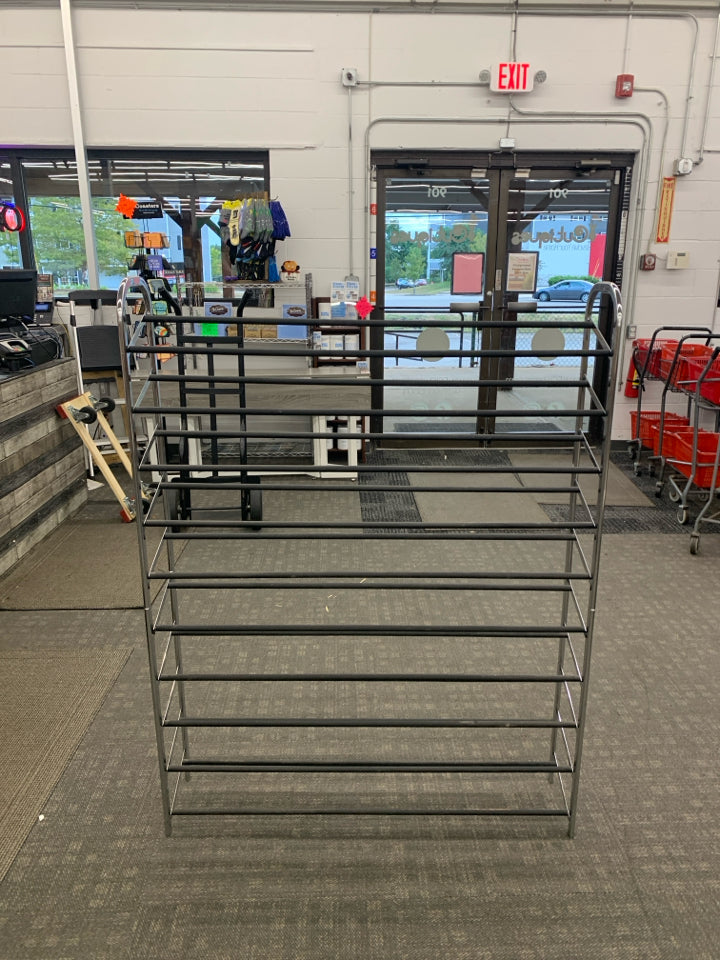 METAL NINE SHELF STANDING SHOE RACK.