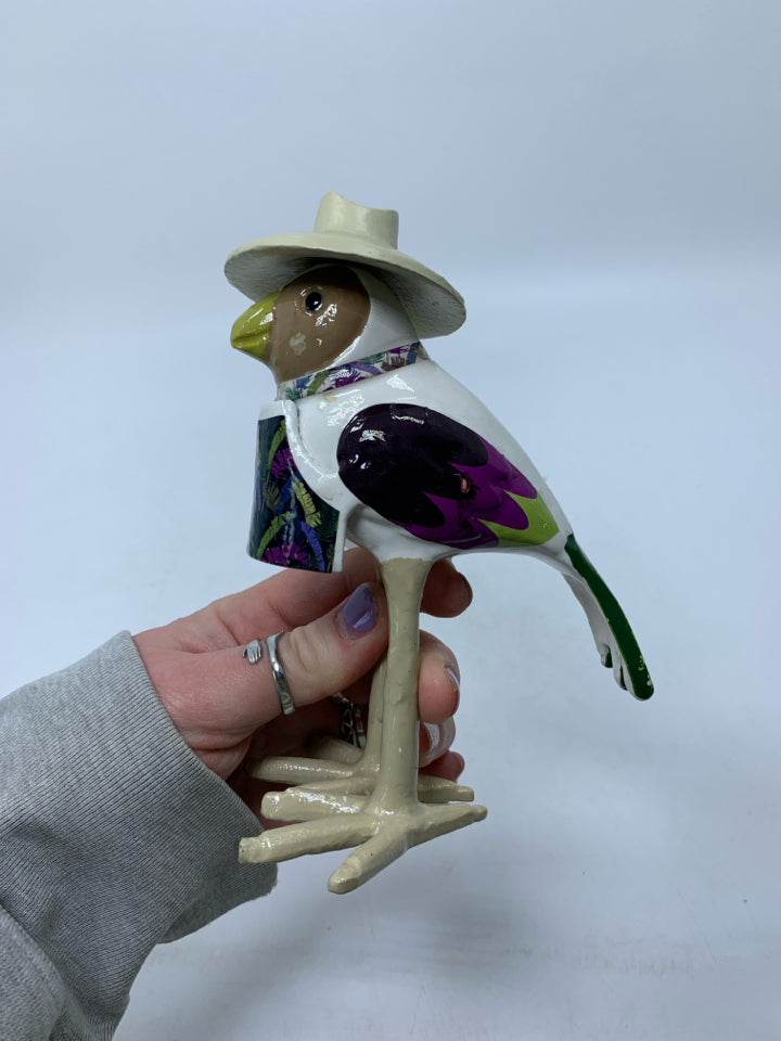 PAINTED ALUMINUM BIRD W/ HAT.