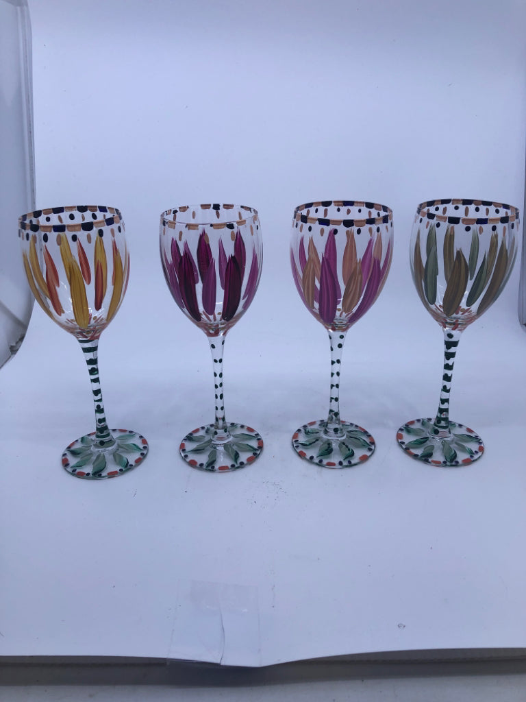 4 FLOWER PAINTED WINE GLASSES.