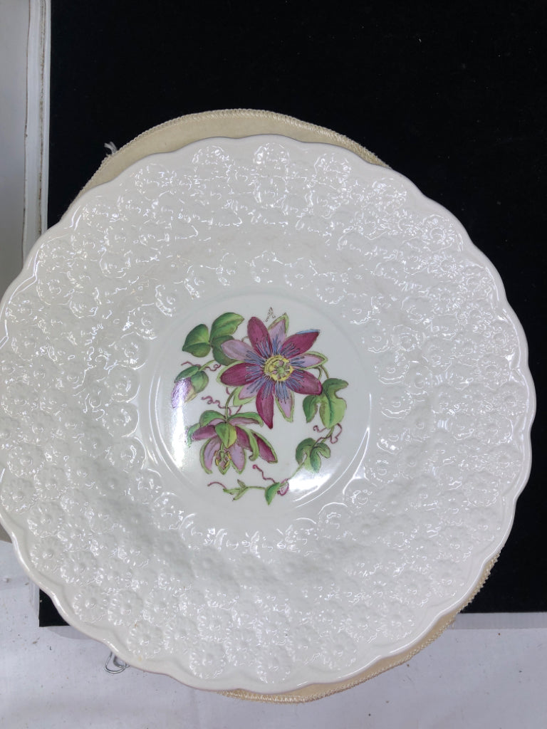 VTG 13 WHITE EMBOSSED FLORAL PLATES.