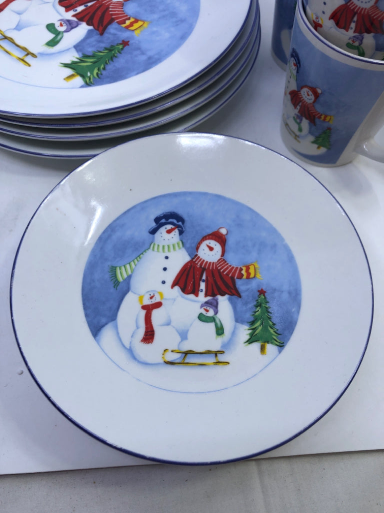 16PC SNOWMAN DISH SET- 4 MUGS, 4 BOWLS, 4 DINNER PLATES, 4 LUNCH PLATES.