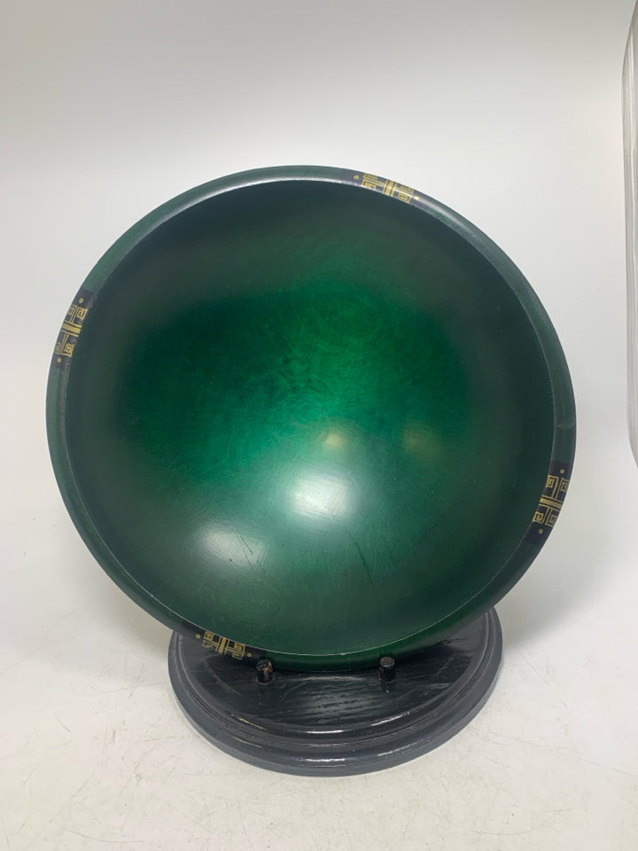 GREEN ASIAN STYLE LARGE BOWL W/ BLACK WOOD STAND.